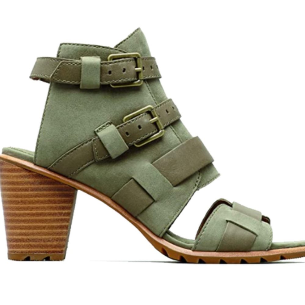 SOREL WOMEN'S NADIA BUCKLE II OPEN TOE WEDGE SANDALS SAGE  - Size 8